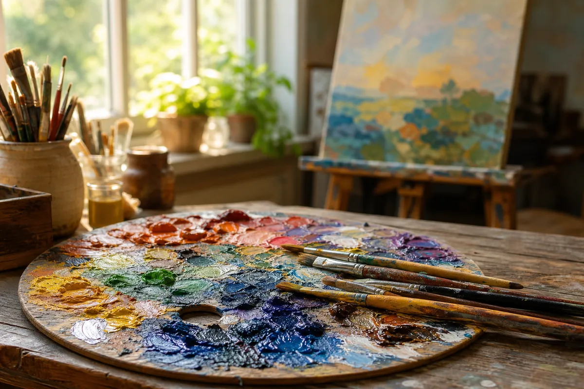 Palette de peinture et pinceaux posés près d’une toile en cours dans un atelier lumineux