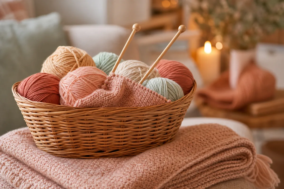 Pelotes de laine colorées et aiguilles à tricoter rangées dans un panier en osier
