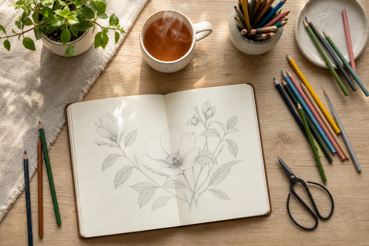 Coin bureau créatif avec carnet de croquis, crayons de couleur et tasse de thé fumante