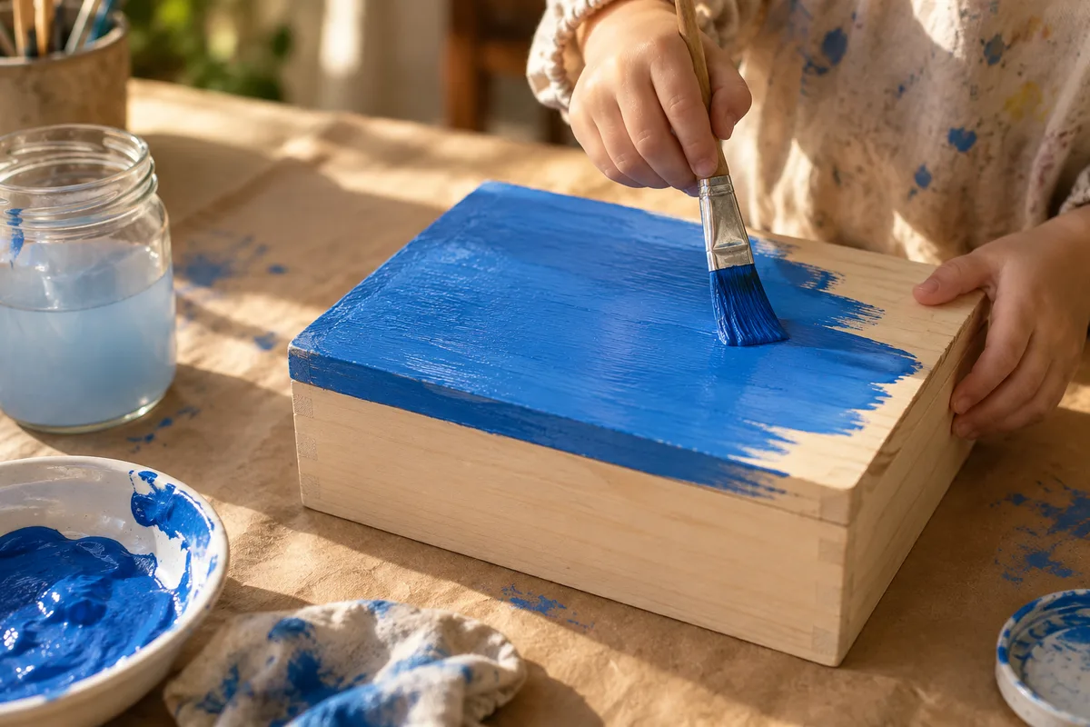 Mains d&rsquo;enfant qui peignent en bleu le couvercle d&rsquo;une boîte à cartes en bois