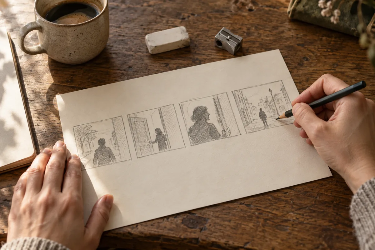 Mains qui dessinent un storyboard au crayon sur une table en bois près d’une fenêtre