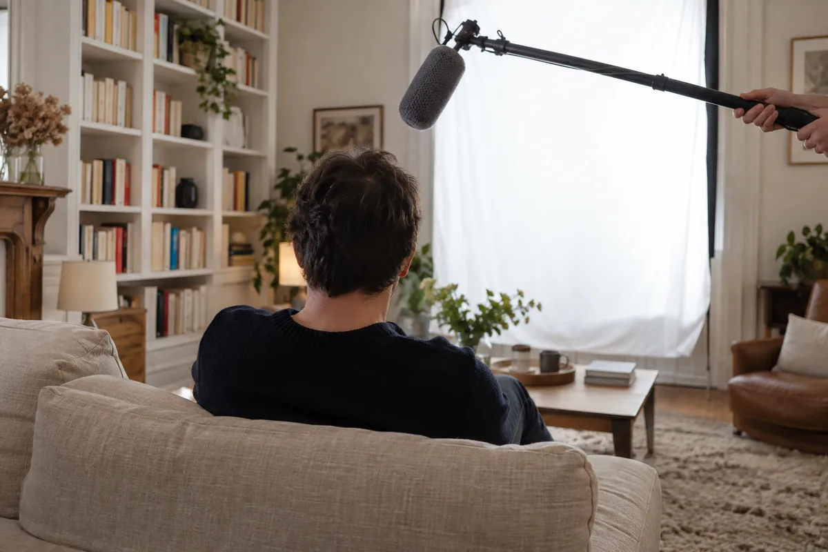 Micro sur perche tenu au-dessus d’un comédien vu de dos dans un salon éclairé par une fenêtre