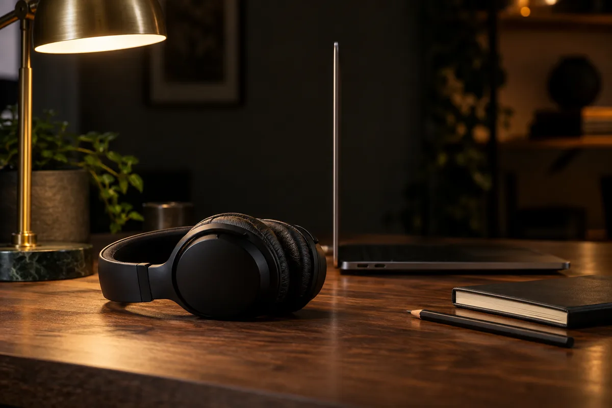 Casque audio posé à côté d’un ordinateur portable vu de profil sur un bureau en bois éclairé par une lampe