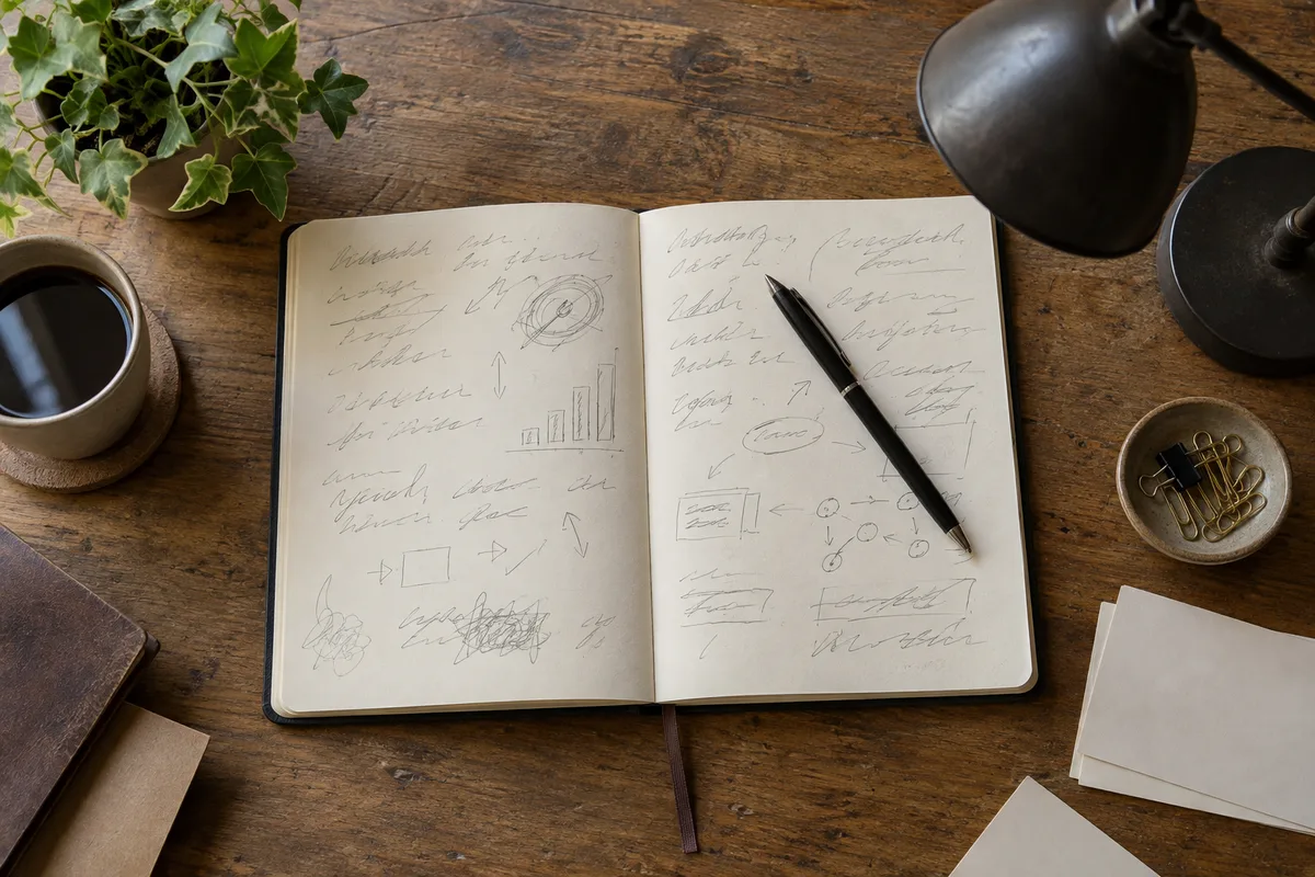 Carnet ouvert couvert de notes manuscrites et stylo posé sur un bureau de créateur en lumière naturelle