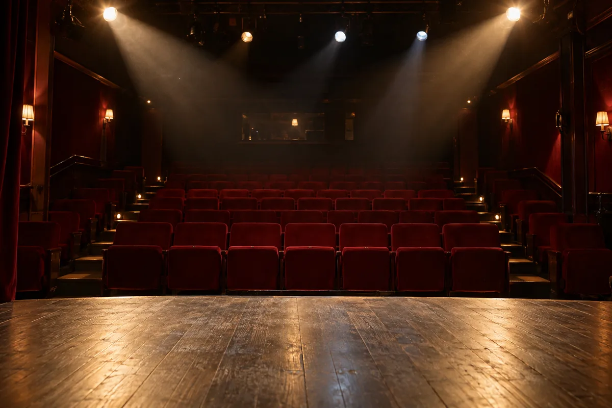 Petite salle de spectacle vue depuis la scène, fauteuils rouges sous la lumière des projecteurs
