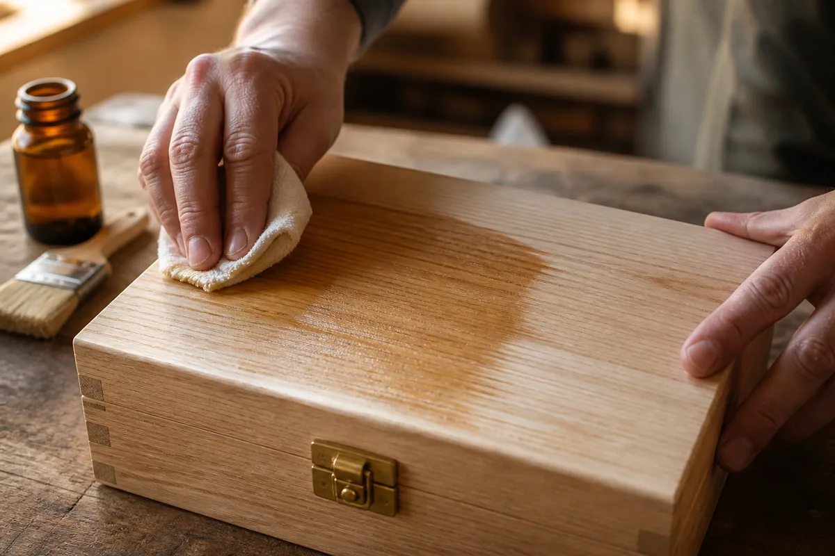 Mains gantées appliquant une finition claire au chiffon sur le couvercle d&rsquo;un coffret en bois clair