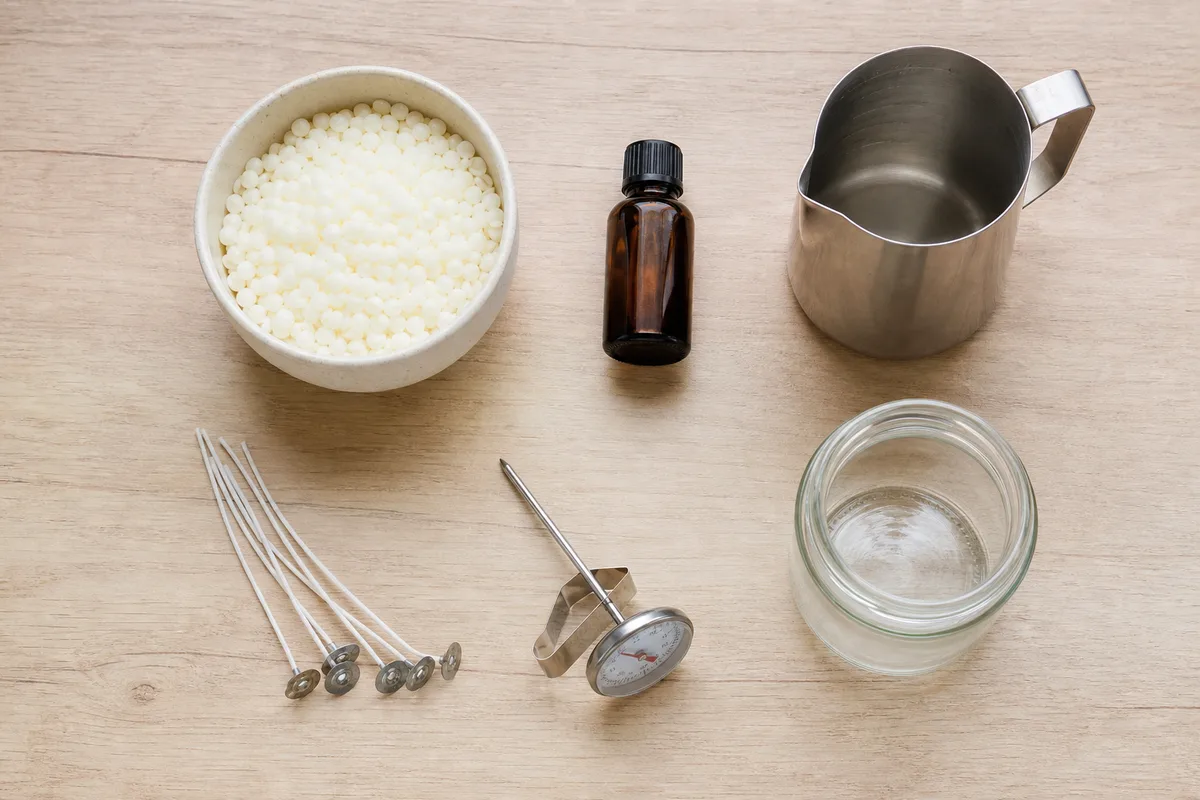 Matériel à plat pour fabriquer une bougie : cire de soja, mèches coton, thermomètre et pot en verre