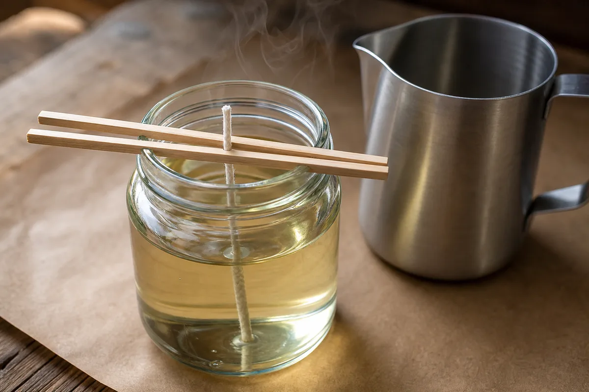 Pot en verre rempli de cire de soja liquide, mèche coton centrée par une baguette en bois