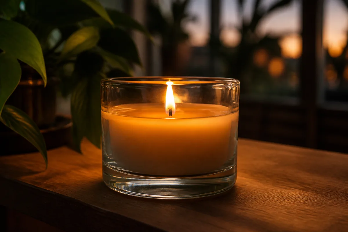 Bougie parfumée maison allumée, flamme dorée et bain de cire fondu jusqu’aux parois du pot