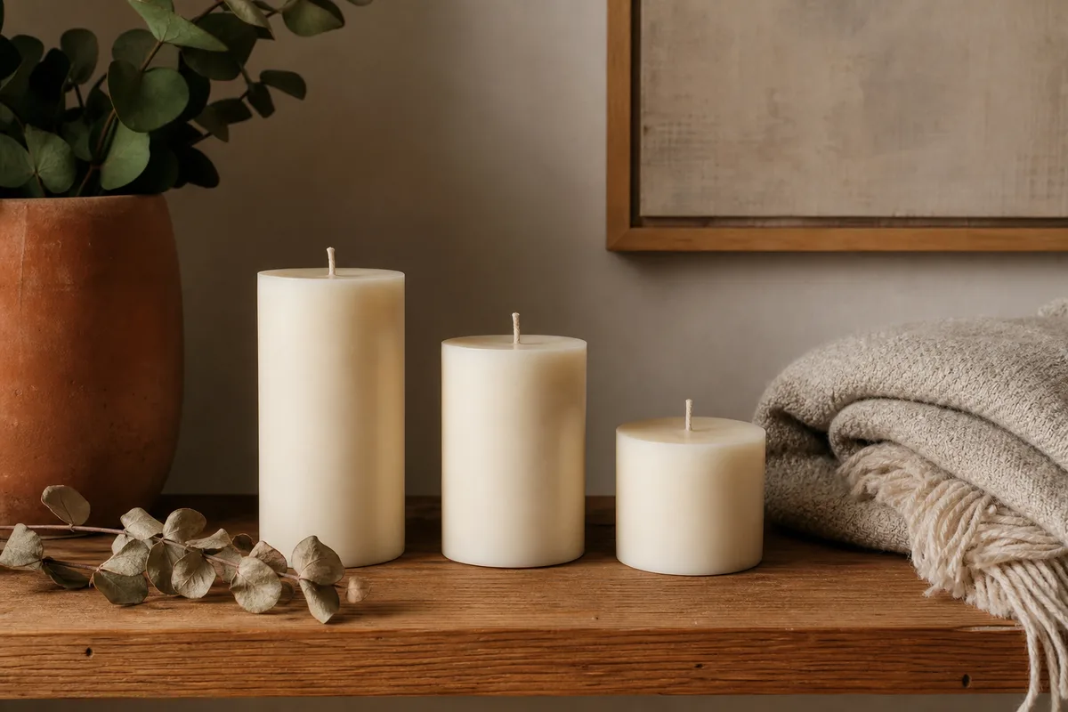 Trois bougies artisanales en cire de soja alignées sur une étagère en bois, ambiance intérieure cosy