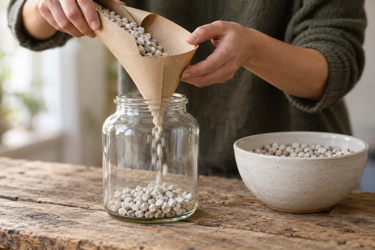 Mains versant des graviers dans un grand bocal en verre à l&rsquo;aide d&rsquo;un entonnoir en papier kraft