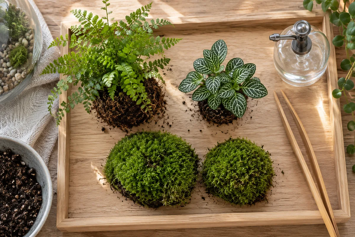 Fougère miniature, fittonia et coussins de mousse posés sur un plateau en bois avant la plantation