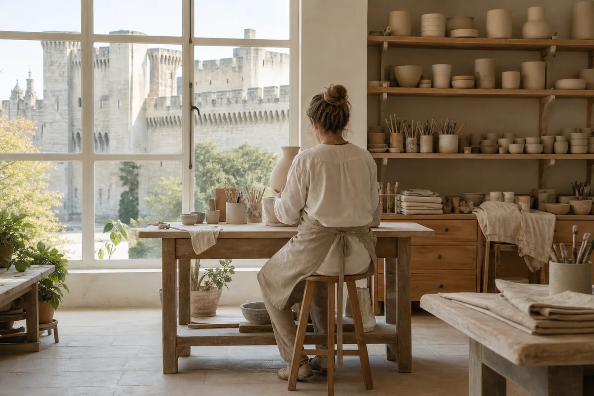 Atelier d&rsquo;artisan d&rsquo;art lumineux près des remparts d&rsquo;Avignon avec outils et pièces en cours de création