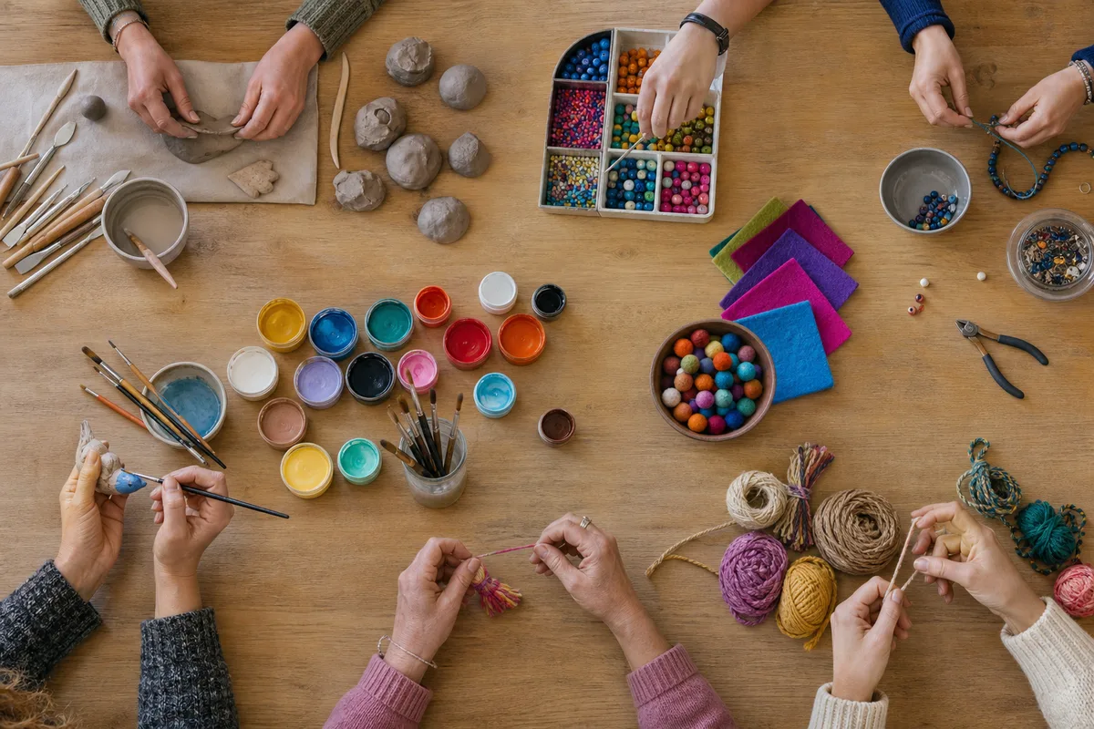 Établi de bijoutier fantaisie avec pinces, perles et pièces en cours d&rsquo;assemblage dans un atelier d&rsquo;artisanat d&rsquo;art