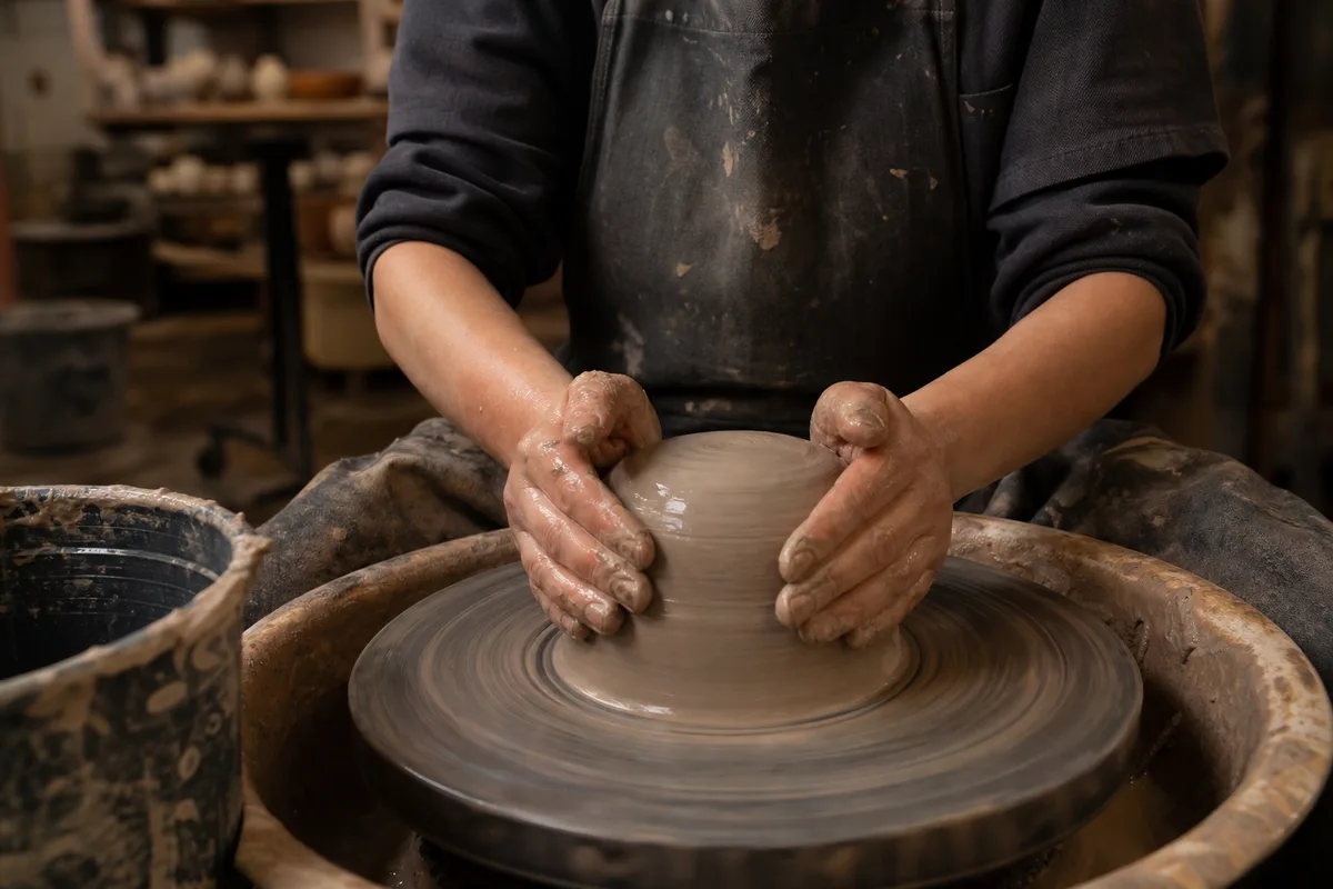 Table d&rsquo;atelier de loisirs créatifs avec matériel de poterie, perles et pinceaux disposés pour une séance collective