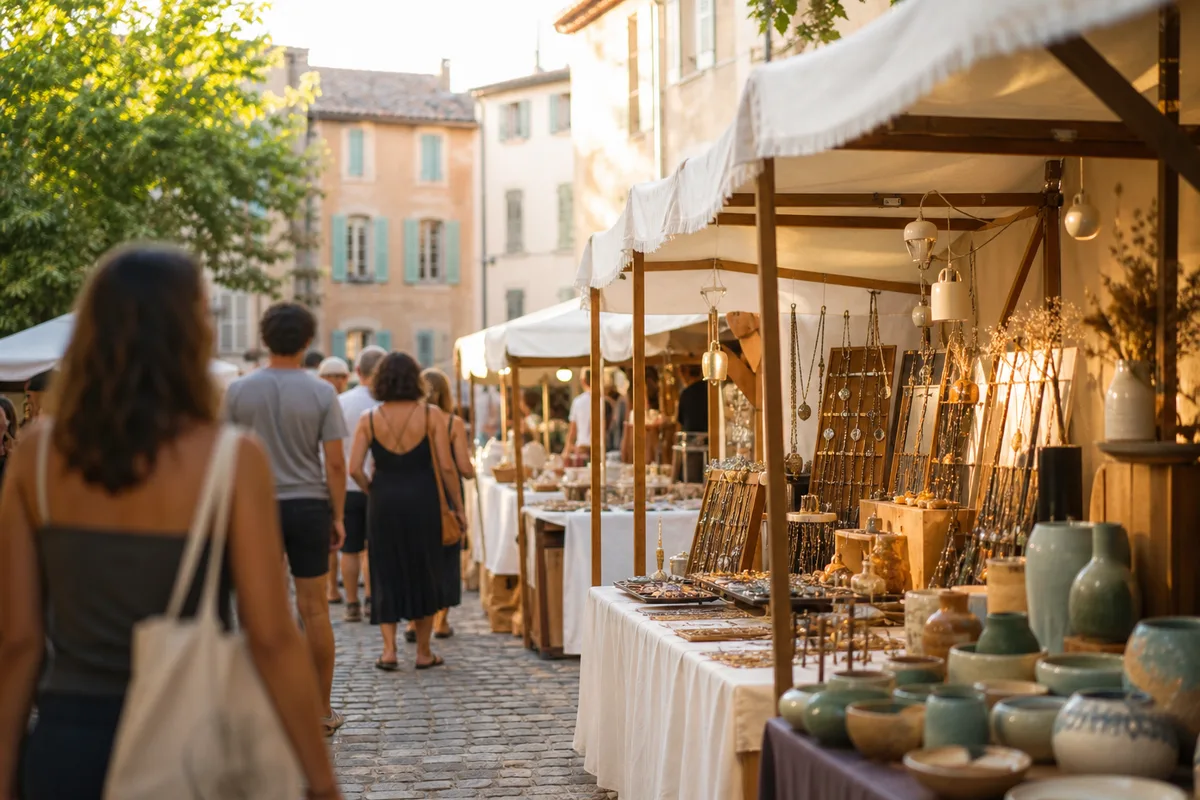 Marché de créateurs en extérieur avec stands de bijoux artisanaux et céramiques, ambiance de fin de journée