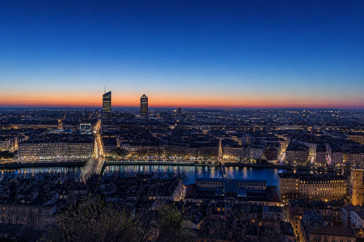 Vue urbaine au crépuscule nautique, ciel bleu profond et premières lumières de la ville allumées