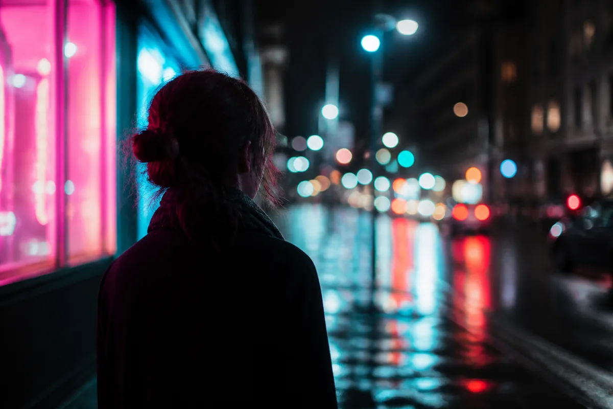 Portrait de nuit éclairé par la lumière colorée d&rsquo;une vitrine, arrière-plan de rue flou
